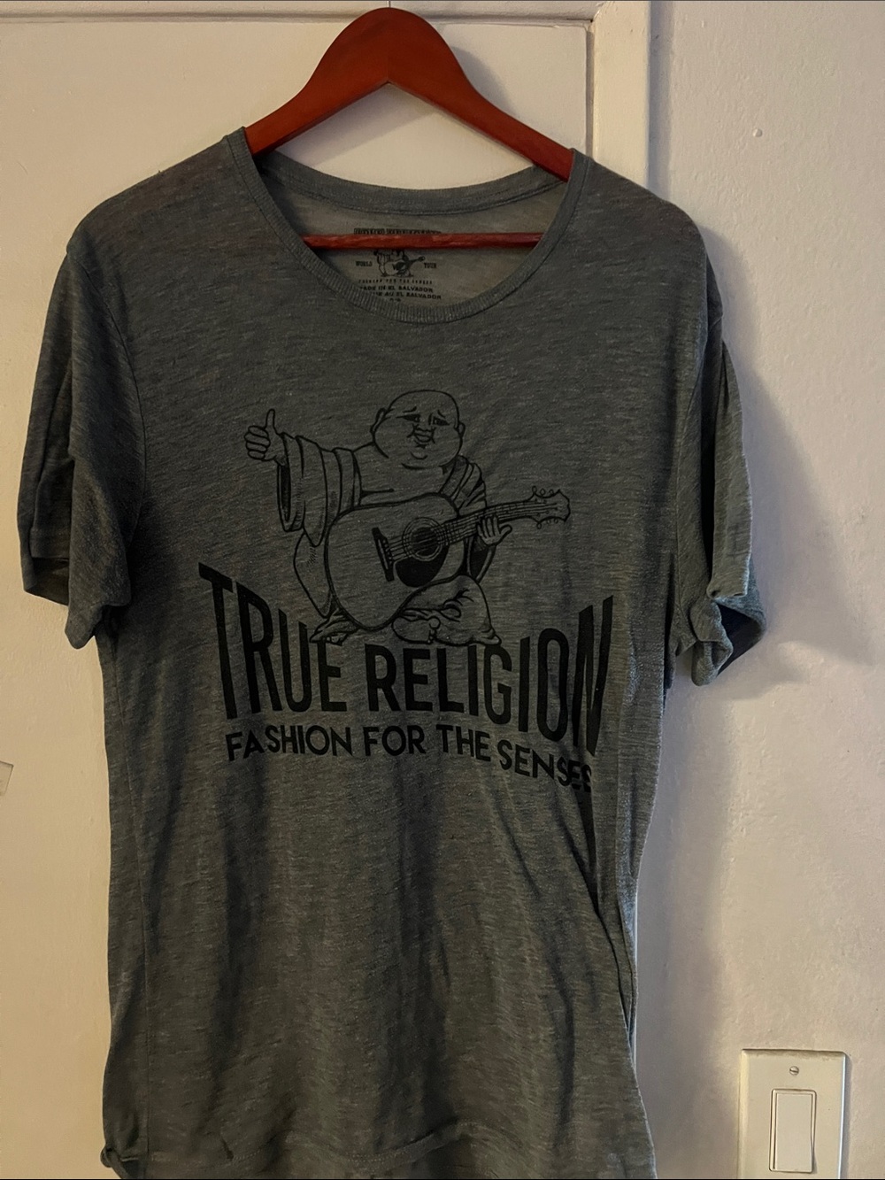 True Religion Gray Short-Sleeve Tee with Buddha Guitar Graphic, Small